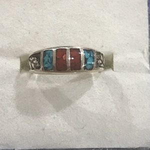 Vintage blue turquoise and red coral silver ring